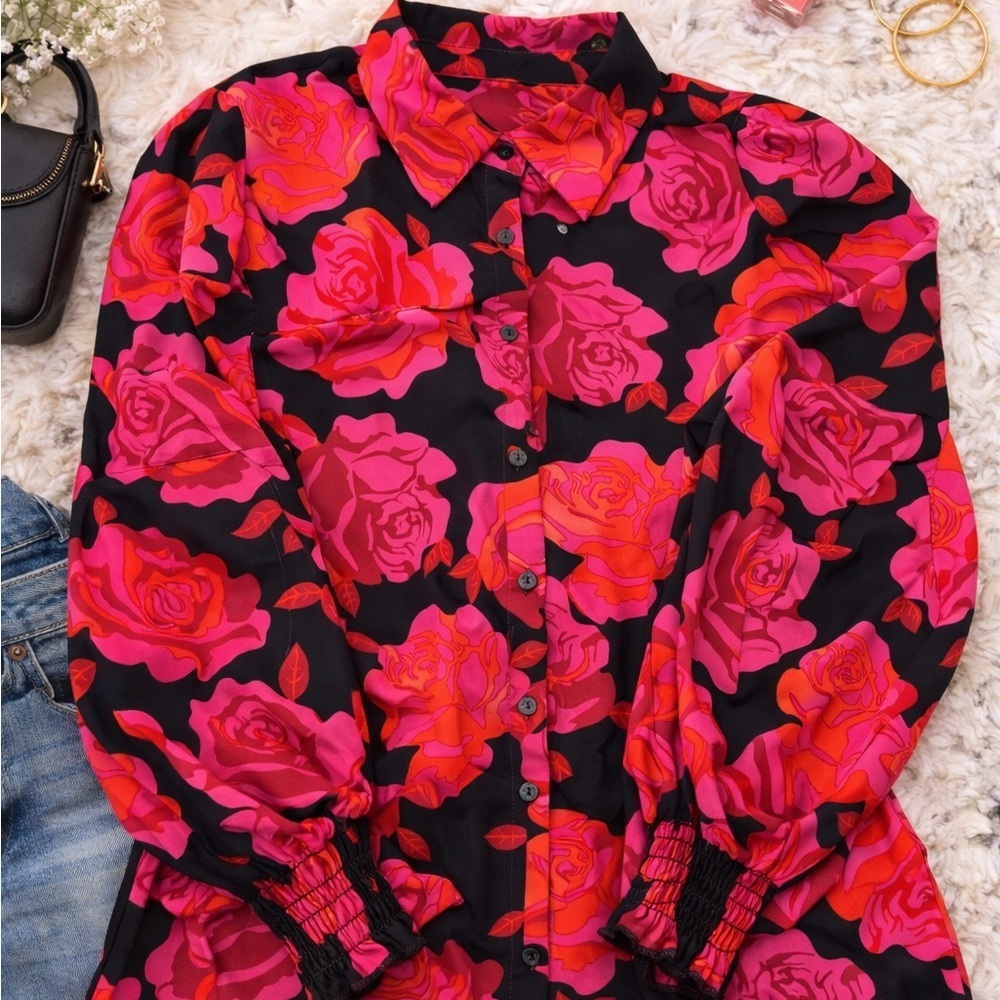 Pink Rose Floral Button Down Blouse Size M Statement Sleeve